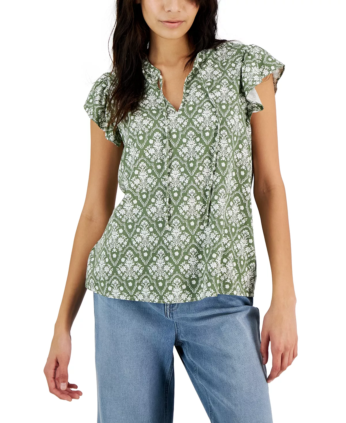 Style & Co Women's Crinkle Gauze Ruffled Sleeve Top, Created For Macy's 1 Style & Co Women's Crinkle Gauze Ruffled Sleeve Top, Created For Macy's