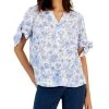 Charter Club Women's Linen Toile-Print Tie-Sleeve Top, Created For Macy's