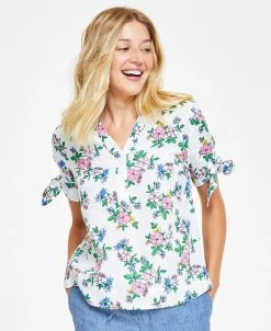 Charter Club Women's Linen Floral Tie-Sleeve Top, Created For Macy's