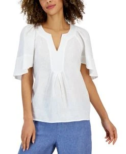 Charter Club Women's Linen Split-Neck Flutter-Sleeve Top, Created For Macy's