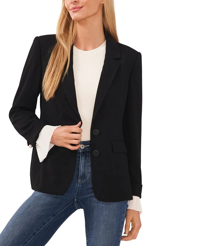 CeCe Women's Notched Collar Contrast Ruffled-Cuff Blazer 1 CeCe Women's Notched Collar Contrast Ruffled-Cuff Blazer