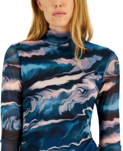 Anne Klein Women's Printed Mesh-Sleeve Mock-Neck Top -Anne Klein Sales Store 22837107 fpx