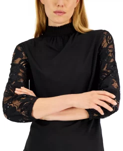 Anne Klein Women's Mixed-Media Lace-Sleeve Top 8 Anne Klein Women's Mixed-Media Lace-Sleeve Top -Anne Klein Sales Store 22837367 fpx