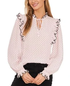 CeCe Women's Eyelet Trim V-Neck Long-Sleeve Top