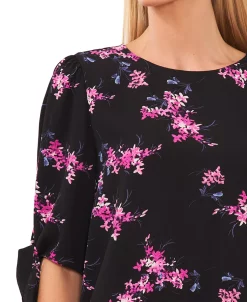 CeCe Women's Floral-Print Tie-Sleeve Round-Neck Blouse -Anne Klein Sales Store 22851147 fpx