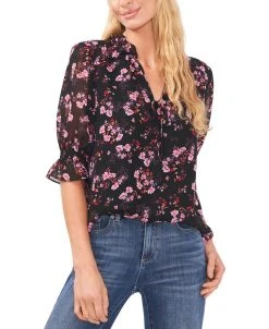 CeCe Women's Floral-Print Tie-Neck Ruffled-Shoulder Smocked-Cuff Blouse