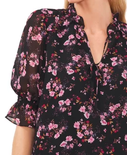 CeCe Women's Floral-Print Tie-Neck Ruffled-Shoulder Smocked-Cuff Blouse -Anne Klein Sales Store 22851255 fpx