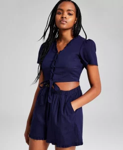 And Now This Women's Scalloped Tie-Front Puffed Sleeve Top