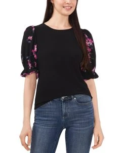 CeCe Women's Mixed-Media Puff-Short-Sleeve Top