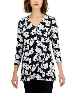 Alfani Women's Printed 3/4-Sleeve V-Neck Tunic Top, Created For Macy's