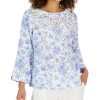Charter Club Women's Linen Printed 3/4-Sleeve Top, Created For Macy's