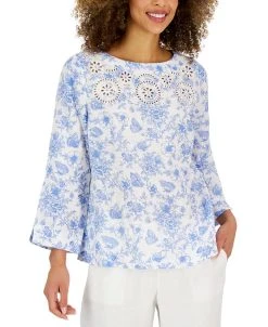 Charter Club Women's Linen Printed 3/4-Sleeve Top, Created For Macy's