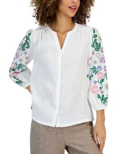 Charter Club Women's Linen Printed Button-Up Top, Created For Macy's
