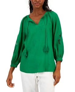 Charter Club Women's Linen Embroidered Peasant Top, Created For Macy's