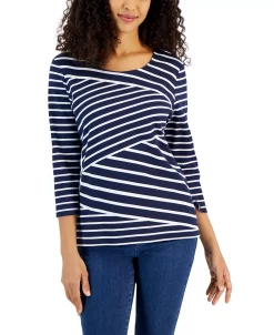 Karen Scott Women's Callie Asymmetrical-Stripe 3/4-Sleeve Top, Created For Macy's -Anne Klein Sales Store 22884301 fpx