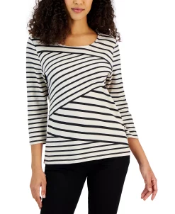 Karen Scott Women's Callie Asymmetrical-Stripe 3/4-Sleeve Top, Created For Macy's -Anne Klein Sales Store 22884303 fpx