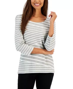 Karen Scott Women's Callie Asymmetrical-Stripe 3/4-Sleeve Top, Created For Macy's -Anne Klein Sales Store 22884304 fpx