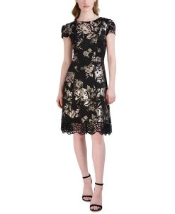 Donna Ricco Women's Tulip-Sleeve Lace-Hem Fit & Flare Dress