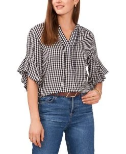 Vince Camuto Women's Flutter Sleeve Henley Gingham Blouse