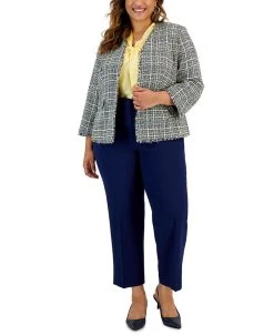 Kasper Plus Size Tie-Neck Top, Tweed Blazer & Straight-Leg Pants
