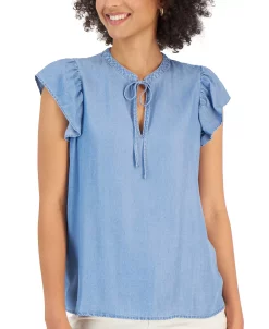 Style & Co Women's Chambray Flutter-Sleeve Top, Created For Macy's -Anne Klein Sales Store 22914670 fpx