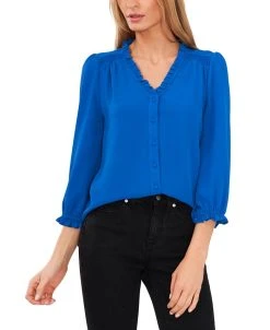 CeCe Women's Ruffled Button-Front Elbow Sleeve Blouse