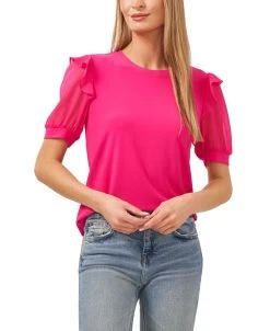CeCe Sheer Sleeve Ruffled Shoulder Top
