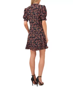 CeCe Women's Puff Sleeve V-neck Printed Dress With Tie -Anne Klein Sales Store 22938456 fpx