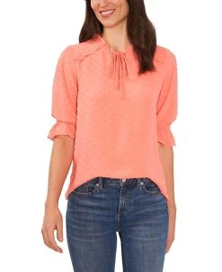 CeCe Split-Neck Clip-Dot Blouse