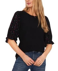CeCe Women's Mixed Media Puff Sleeve Top