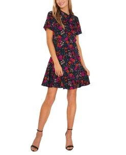 CeCe Women's Floral-Print Tie-Neck A-Line Dress