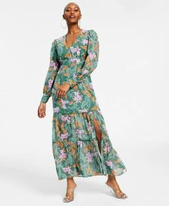 Bar III Women's Printed Long-Sleeve Slit-Hem Maxi Dress, Created For Macy's