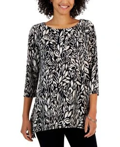 JM Collection Women's Leaf Adventures Jacquard 3/4-Sleeve Tunic, Created For Macy's