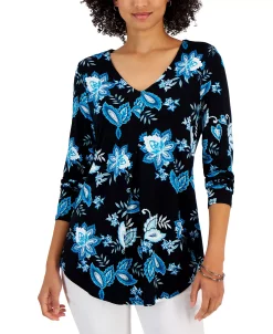 JM Collection Women's Printed V-Neck 3/4-Sleeve Tunic, Created For Macy's -Anne Klein Sales Store 22968009 fpx