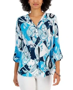 JM Collection Women's Paisley-Print 3/4-Sleeve Utility Shirt, Created For Macy's