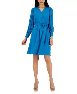 Anne Klein Women's V-Neck Pleated-Long-Sleeve Dress -Anne Klein Sales Store 22979859 fpx