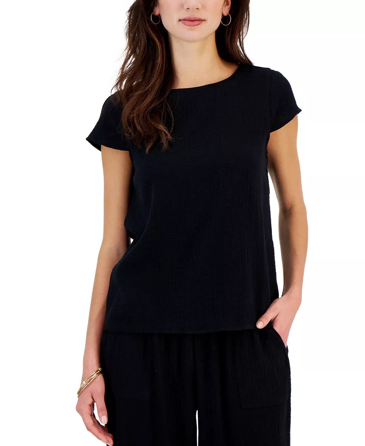 Style & Co Women's Crinkled Gauze Cap-Sleeve Top, Created For Macy's 1 Style & Co Women's Crinkled Gauze Cap-Sleeve Top, Created For Macy's