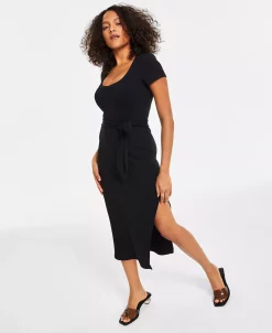 Bar III Women's Ribbed Short-Sleeve Midi Dress, Created For Macy's
