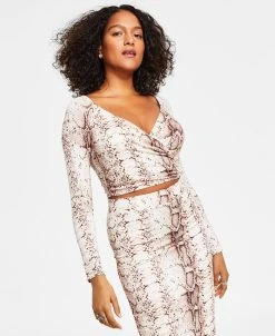 Bar III Women's Snakeskin-Print Long-Sleeve Surplice Cropped Top, Created For Macy's