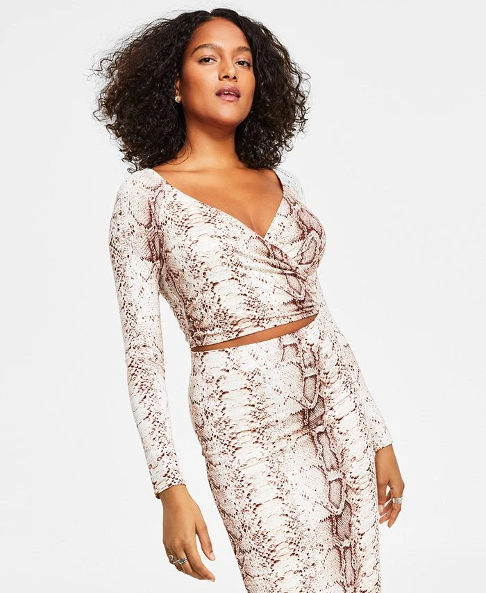 Bar III Women's Snakeskin-Print Long-Sleeve Surplice Cropped Top, Created For Macy's 1 Bar III Women's Snakeskin-Print Long-Sleeve Surplice Cropped Top, Created For Macy's