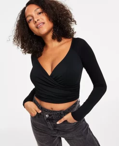 Bar III Women's Long-Sleeve Surplice Cropped Top, Created For Macy's