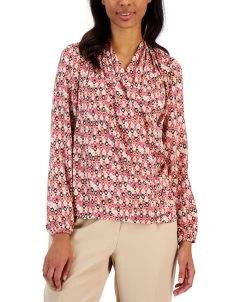 Anne Klein Women's Printed Flat Satin Long-Sleeve Faux-Wrap Draped Blouse
