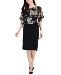 Connected Women's Round-Neck Chiffon Cape-Overlay Dress