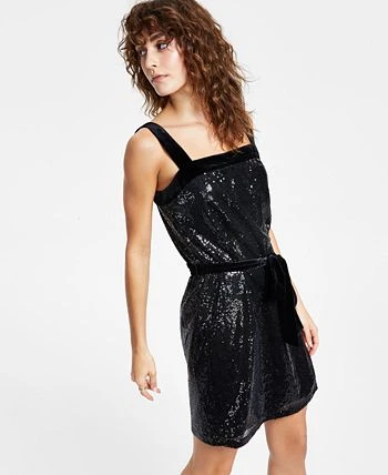 Bar III Women's Sequined Square-Neck Belted Dress, Created For Macy's 3 Bar III Women's Sequined Square-Neck Belted Dress, Created For Macy's - Image 3
