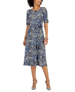 Kasper Women's Printed-Dot Elbow-Sleeve Midi Dress