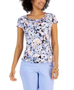 Kasper Women's Floral Cowl-Neck Short-Sleeve Top -Anne Klein Sales Store 23035441 fpx