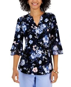 Kasper Women's Floral V-Neck Flutter-Sleeve Top