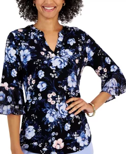 Kasper Women's Floral V-Neck Flutter-Sleeve Top -Anne Klein Sales Store 23035459 fpx