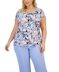 Kasper Plus Size Floral Cowl-Neck Short-Sleeve Top