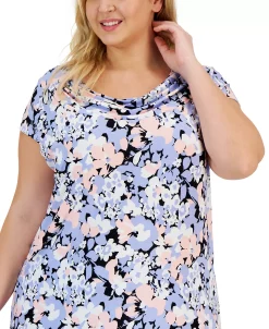 Kasper Plus Size Floral Cowl-Neck Short-Sleeve Top -Anne Klein Sales Store 23045991 fpx